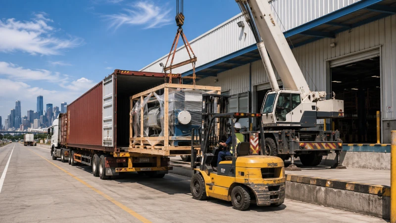 Industrial machinery being unloaded from a shipping container at a Houston-area delivery facility.