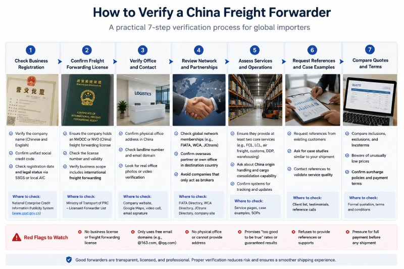 How to verify a China freight forwarder through business registration, freight credentials, office checks, service review, references and quote comparison