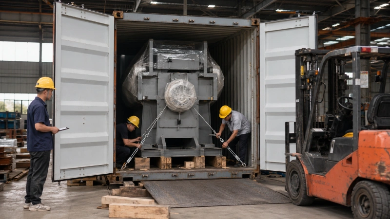 Industrial machinery secured inside a container for shipment from China