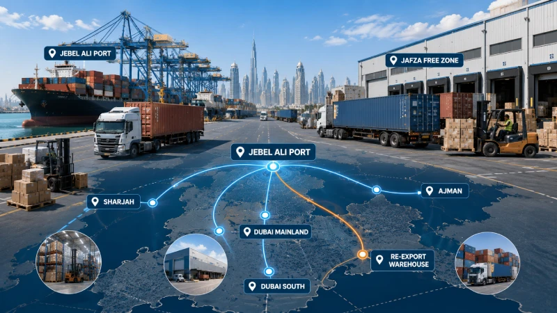 Jebel Ali logistics map concept showing JAFZA, Dubai mainland, Sharjah, Ajman and re-export warehouse delivery routes
