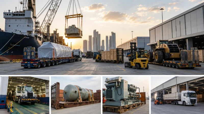 Industrial cargo delivery from Khalifa Port to KEZAD with machinery flat rack containers and heavy equipment