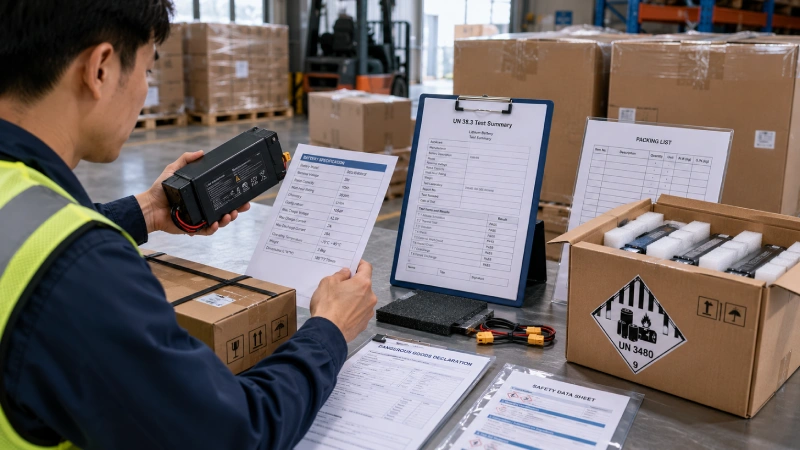 Lithium battery documents and export packaging inspected before international shipping