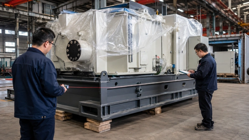 Technicians checking machinery dimensions and lifting points before international shipping