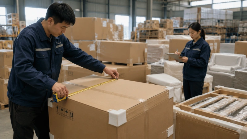 Warehouse worker measuring packed furniture cartons to calculate shipping CBM