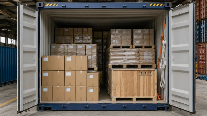 Practical container loading with cartons, pallets and machinery cargo for shipping from China to the USA.