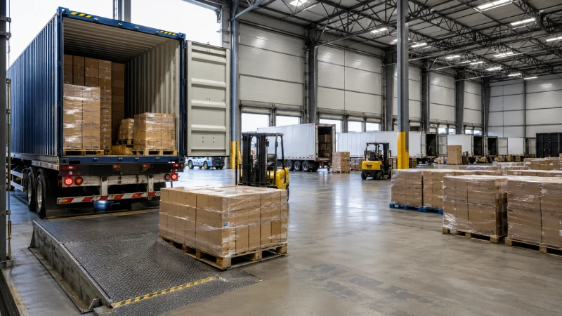 Container cargo being unloaded, palletized and prepared for regional distribution at a Southeast US warehouse.