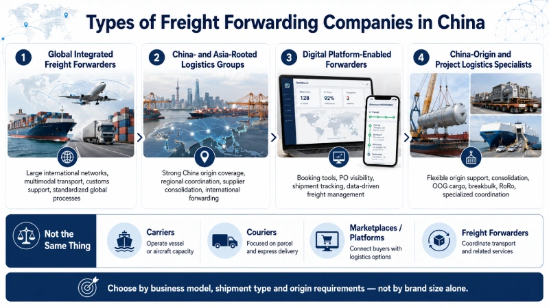 Types of freight forwarding companies in China, including global forwarders, Asia-rooted logistics groups, digital forwarders and project logistics specialists