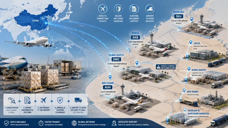 UAE air cargo airport routing for DXB, DWC, AUH and SHJ with airport-to-door delivery planning
