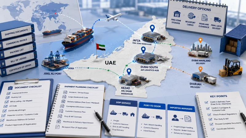UAE free zone and mainland delivery routing checklist for China imports including customs documents, DDP and re-export planning