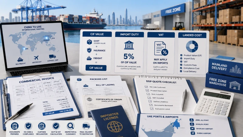 Landed cost checklist showing CIF value duty VAT and customs documents for UAE imports