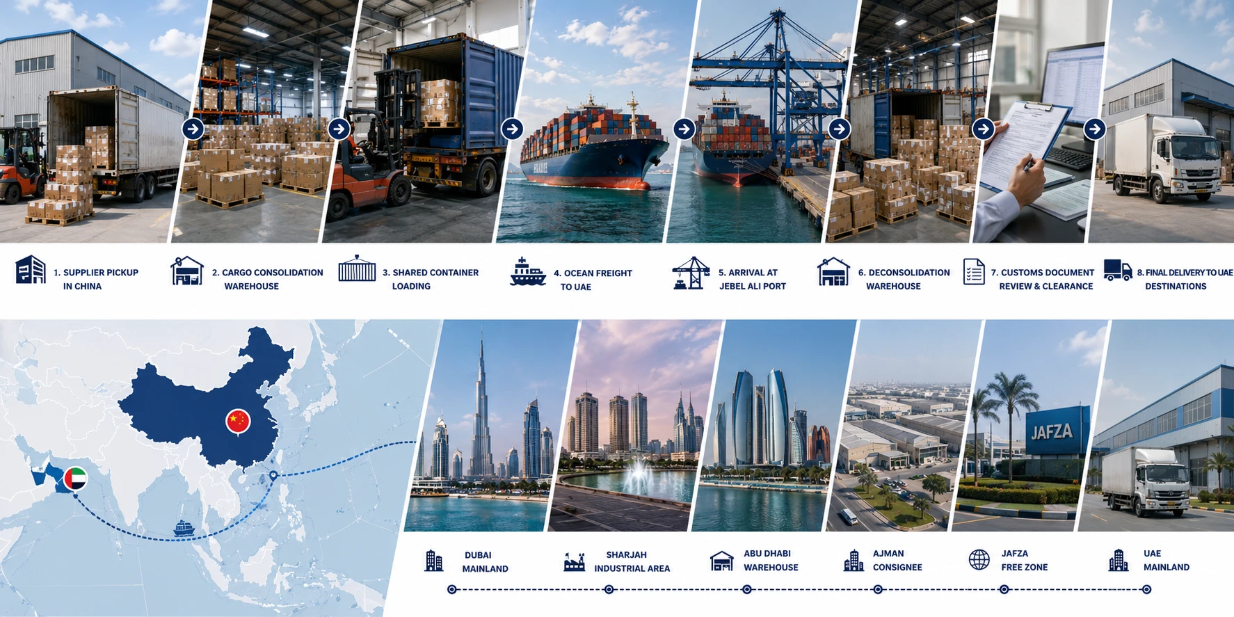 LCL consolidation and deconsolidation process for shipping cargo from China to UAE through Jebel Ali and final delivery points
