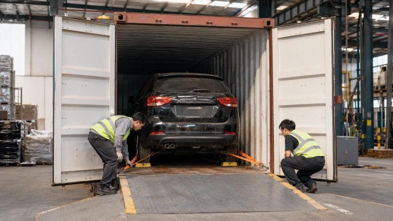 Used car secured inside a shipping container for export from China