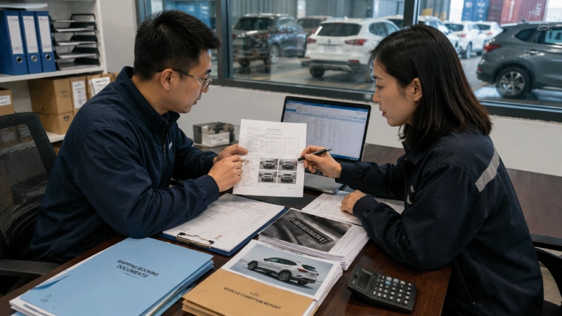 Used car export documents being checked before customs declaration in China