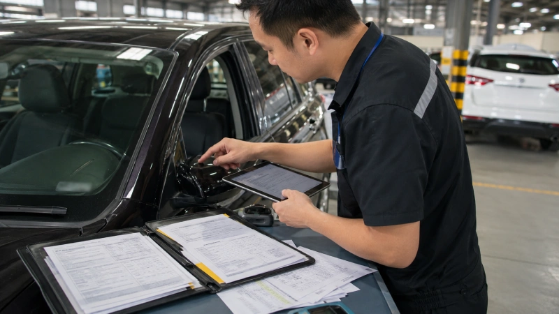 Logistics specialist checking a used car VIN against registration and export documents in China