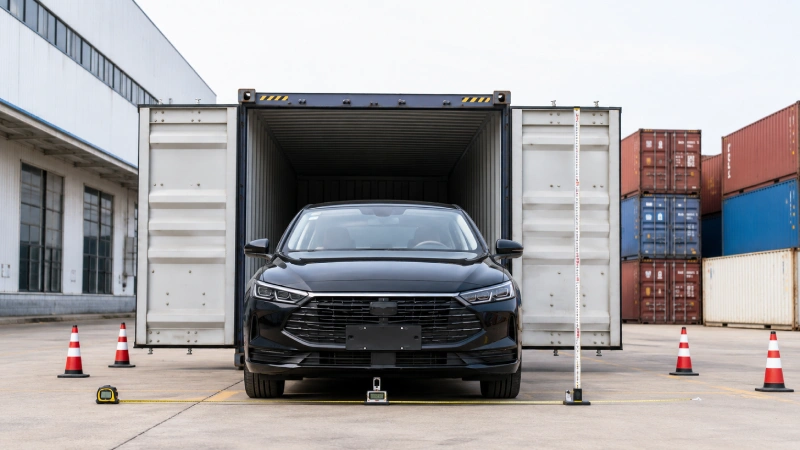 Vehicle dimensions and container door clearance checked before loading
