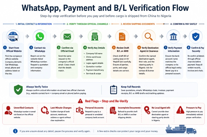 Verification flow for WhatsApp contacts, payment details and bill of lading before shipping from China to Nigeria