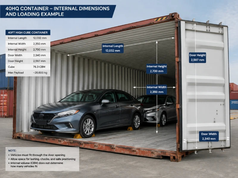 Interior view of a 40HQ container showing two sedans loaded on the floor with visible loading space and container dimensions