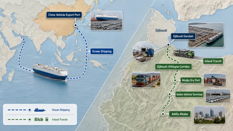 China to Ethiopia car shipping route through Djibouti and inland dry ports