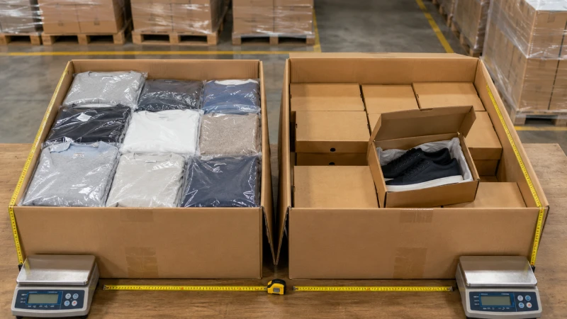 Comparison of compact apparel cartons and bulkier footwear packaging for international shipping