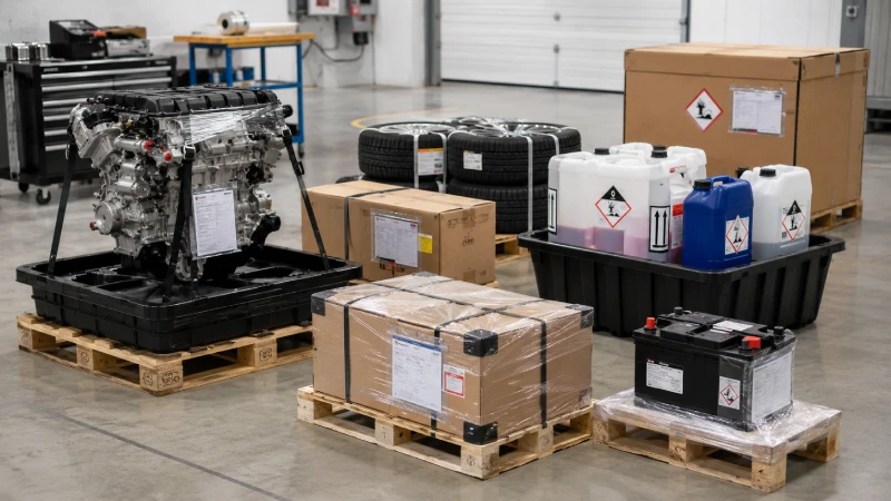 Automotive batteries engine fluids and spare parts prepared for dangerous goods shipping review