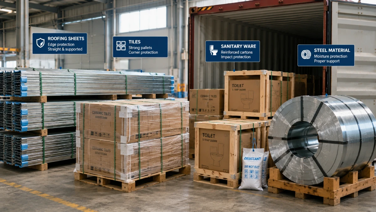 Protective packing for roofing sheets tiles sanitary ware and steel shipped from China to Ghana