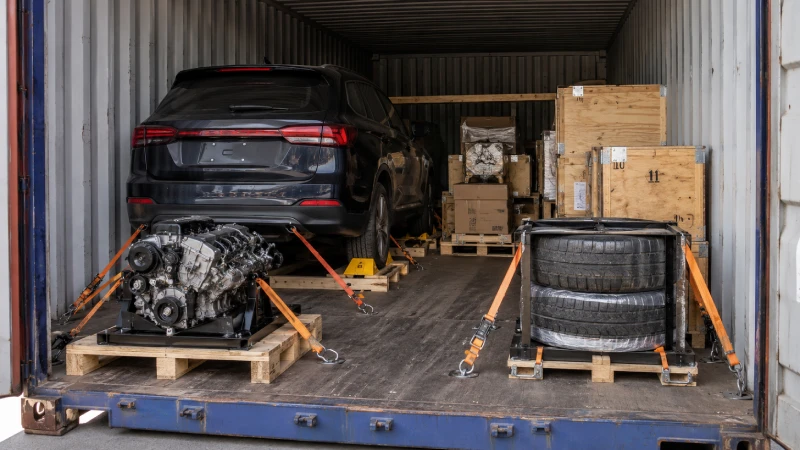 Car and automotive spare parts independently packed and secured inside a container
