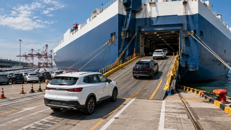 Export cars driving onto a RoRo vessel at a Chinese automobile terminal