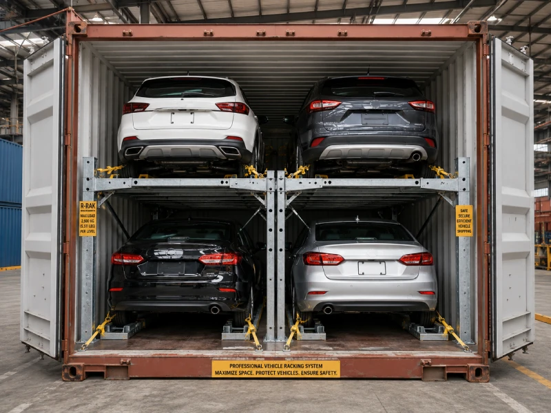 Certified multi-level vehicle racking system inside a 40HQ container used to increase car shipping capacity