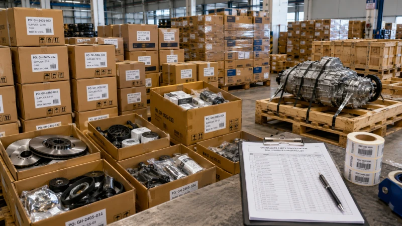 Auto parts from multiple China suppliers consolidated and checked by SKU before shipping to Ghana