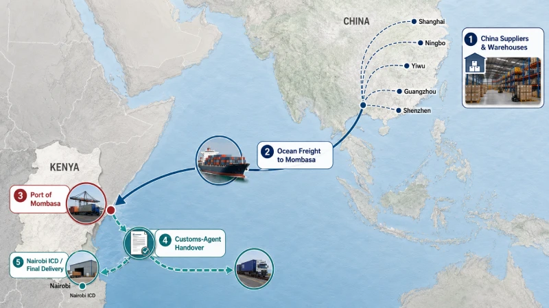 China to Kenya cargo handover map showing supplier consolidation, ocean freight to Mombasa, customs-agent handover and Nairobi ICD delivery