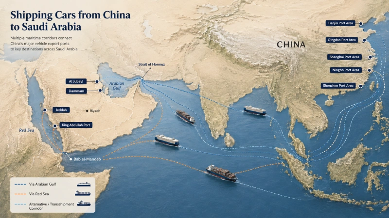 China to Saudi Arabia car shipping routes and destination ports