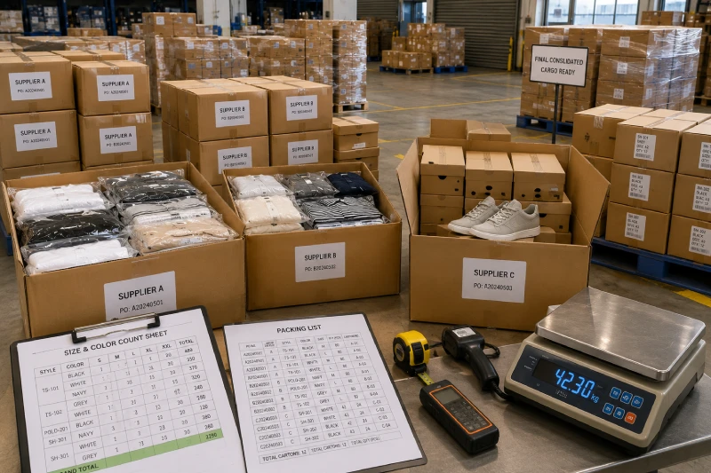 Multi-supplier clothing and footwear cartons consolidated and checked in a China warehouse before shipping to Ghana