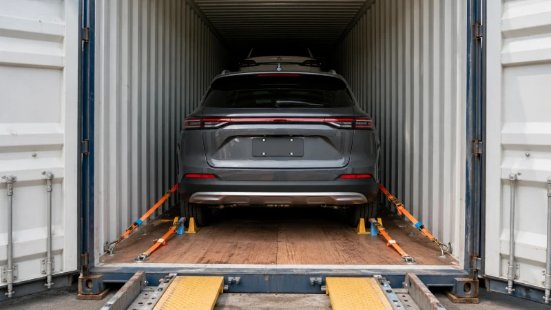 Car professionally loaded and secured inside a shipping container for Africa