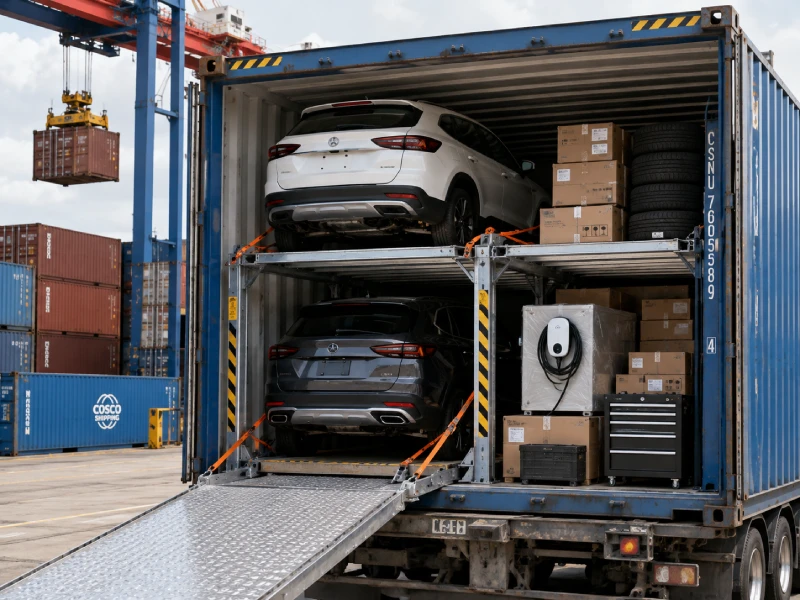 Compact vehicles and declared accessories being professionally loaded into a 40HQ container for African car dealers
