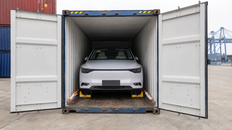 Electric car secured inside a shipping container with wheel chocks and professional lashing