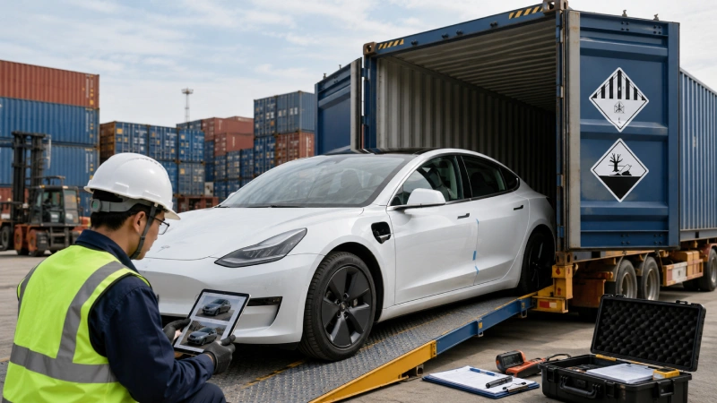 Electric vehicle inspected before dangerous goods container shipping from China