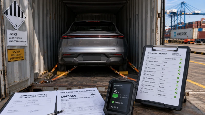 Electric vehicle container loading with SOC and dangerous goods packing checks