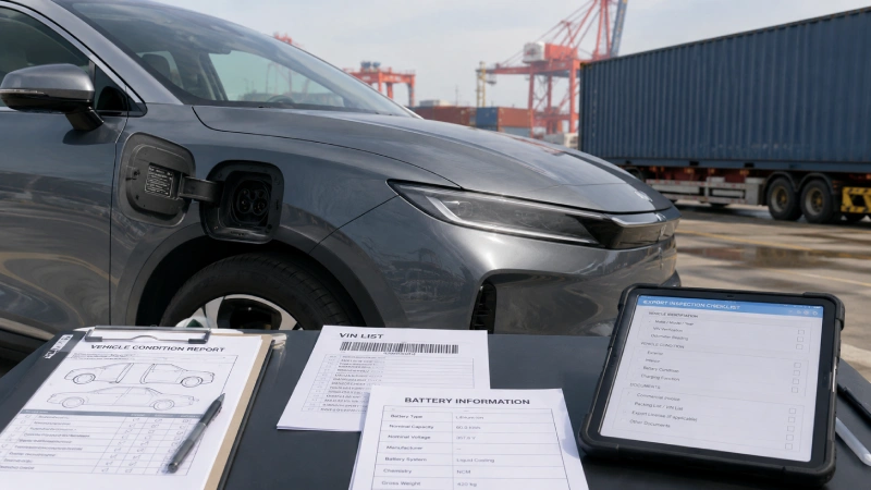 Electric vehicle inspection with VIN, battery information and export shipping documents