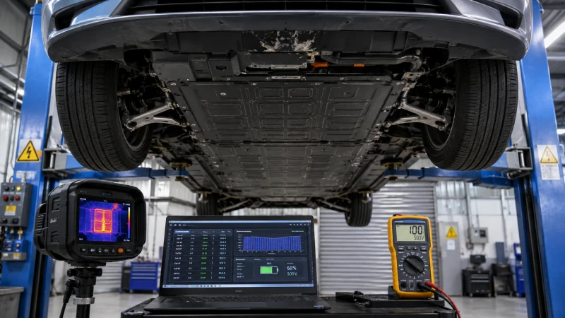 Traction battery and underbody inspection of a damaged EV before ocean shipping