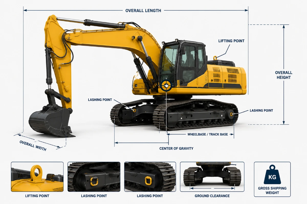 Excavator shipping measurement guide showing dimensions, weight, center of gravity and securing points