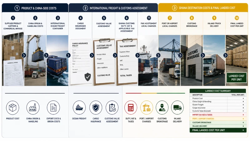 Ghana landed cost calculation from product value and freight to customs taxes and final delivery