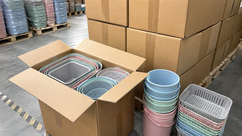 Nested plastic household products packed in export cartons for shipping to Ghana