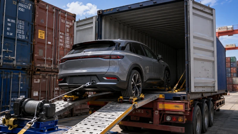 Non-running electric vehicle being winched safely into a shipping container