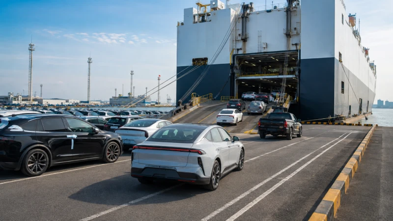 Cars being loaded onto a RoRo vessel for shipping from China to Africa