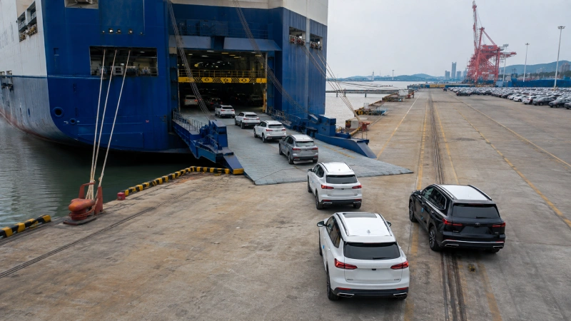 Vehicles lined up for loading onto a RoRo ship at a Chinese export terminal