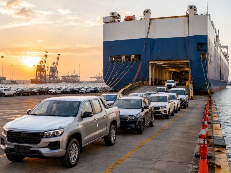 Export-ready cars lined up at a RoRo terminal for shipment from China to African car dealers