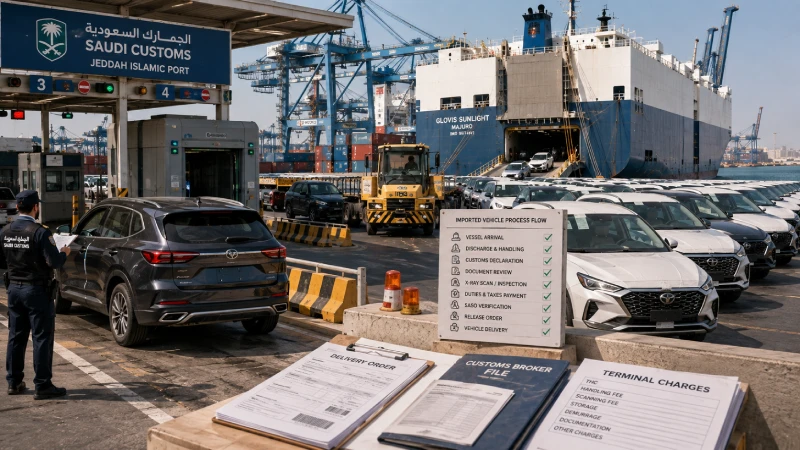 Imported cars undergoing customs clearance and destination handling at a Saudi Arabian port