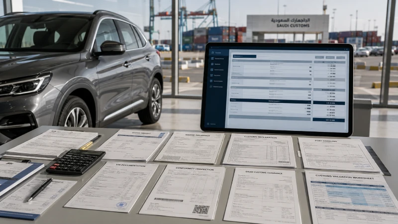 Vehicle import documents and cost calculation for Saudi customs duty VAT and total landed cost