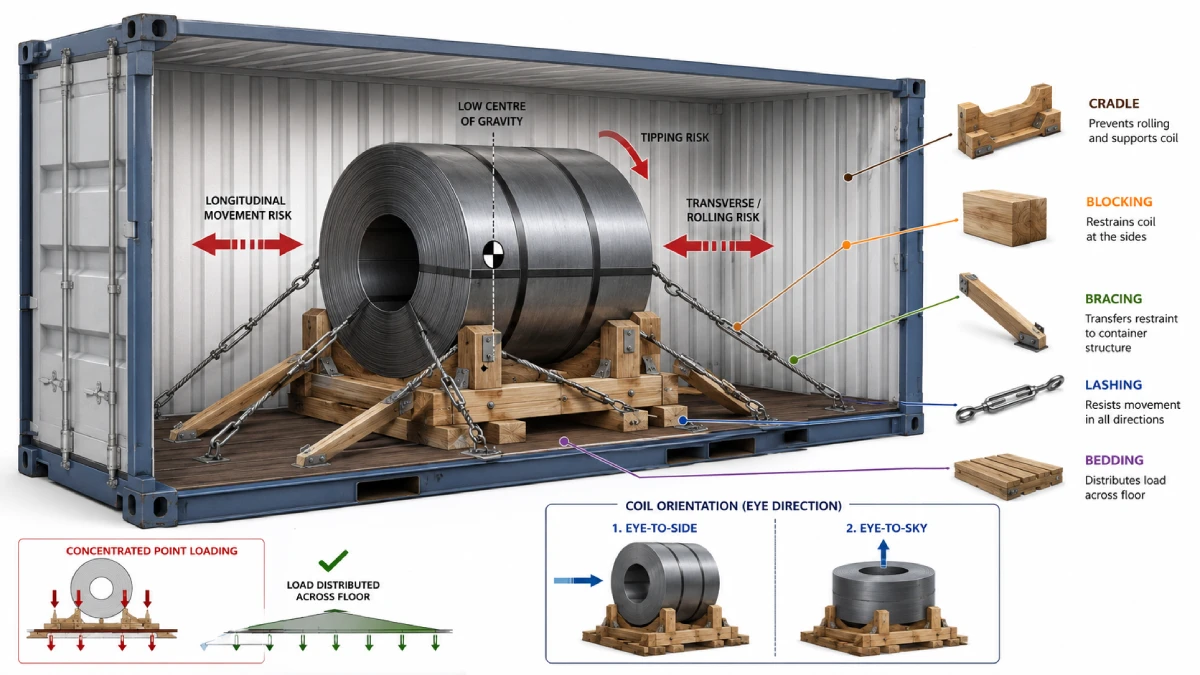 Steel coil container loading diagram showing bedding blocking bracing lashing and weight distribution