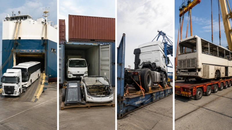 Comparison of truck and bus shipping methods from China including RoRo, container, flat rack and Mafi breakbulk